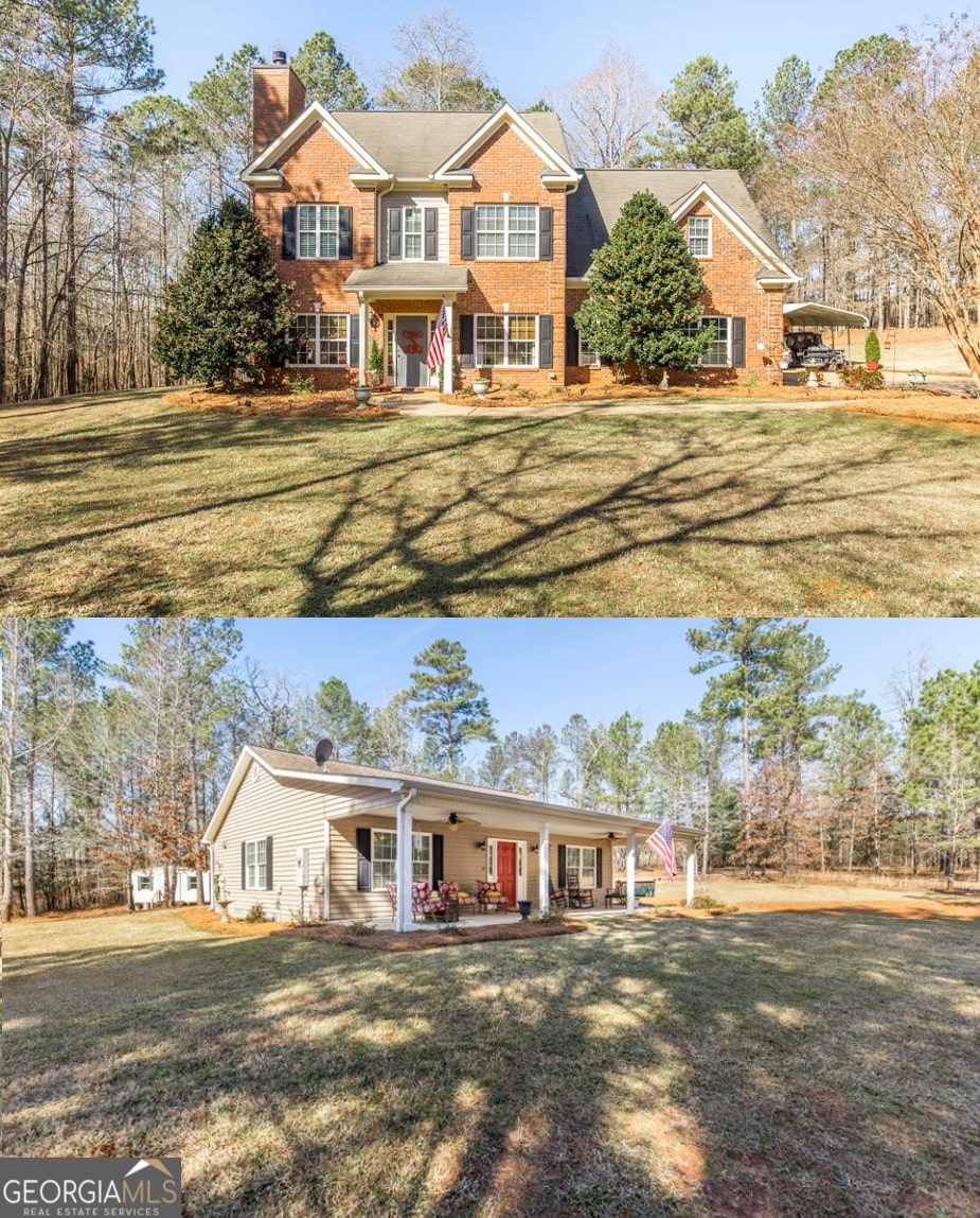 view of front of property featuring a patio, brick siding, a chimney, and a front yard