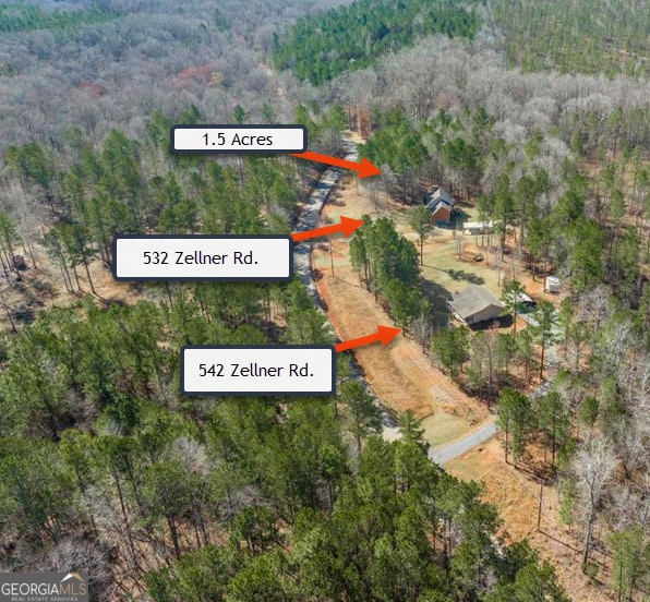 birds eye view of property featuring a rural view and a view of trees