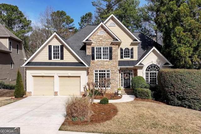 view of front facade with metal roof, concrete driveway, and a standing seam roof