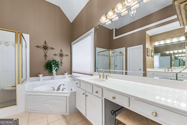 994 Fairview Club Cir, Dacula, GA 30019 - bathroom featuring a shower stall, a garden tub, tile patterned floors, and vanity