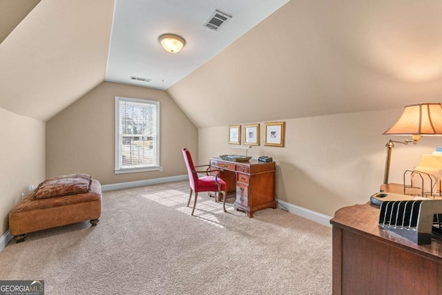 994 Fairview Club Cir, Dacula, GA 30019 - carpeted office featuring vaulted ceiling, visible vents, and baseboards