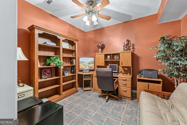 994 Fairview Club Cir, Dacula, GA 30019 - office area with ceiling fan, tile patterned flooring, and visible vents