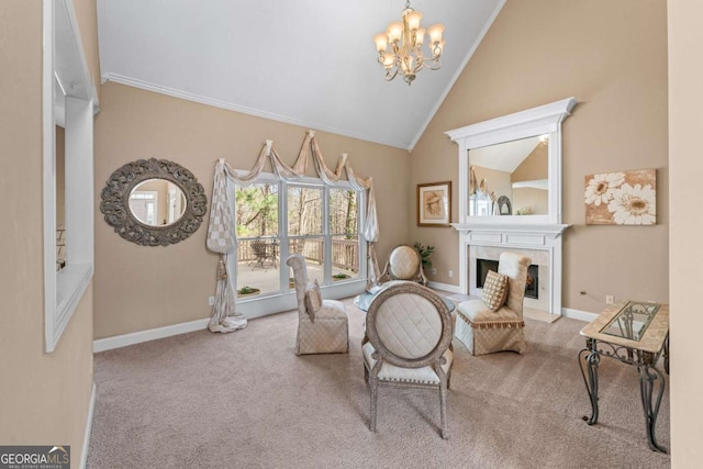 994 Fairview Club Cir, Dacula, GA 30019 - living area featuring vaulted ceiling, crown molding, a fireplace with flush hearth, an inviting chandelier, and carpet flooring