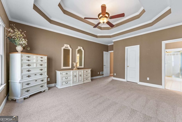 994 Fairview Club Cir, Dacula, GA 30019 - unfurnished bedroom featuring a raised ceiling, ensuite bathroom, baseboards, light colored carpet, and ornamental molding