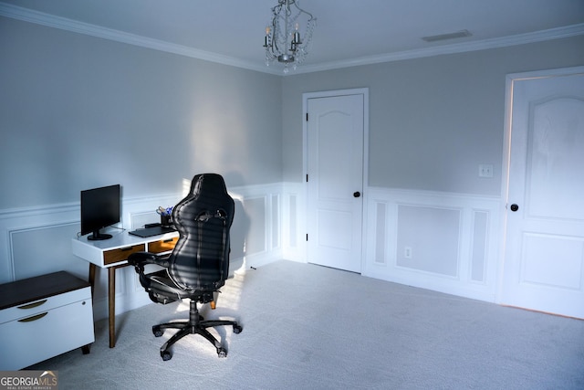 793 Round Tree Ct, Lawrenceville, GA 30045 - carpeted office space with visible vents, a wainscoted wall, a chandelier, and ornamental molding