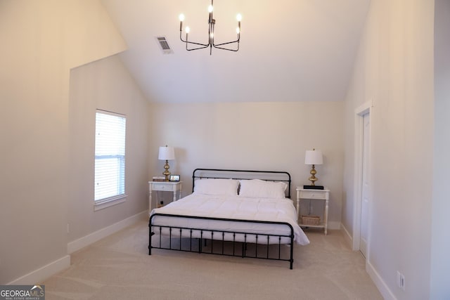 793 Round Tree Ct, Lawrenceville, GA 30045 - bedroom with visible vents, light carpet, baseboards, a chandelier, and vaulted ceiling