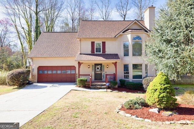 view of front of property featuring a garage, driveway, a shingled roof, and a chimney