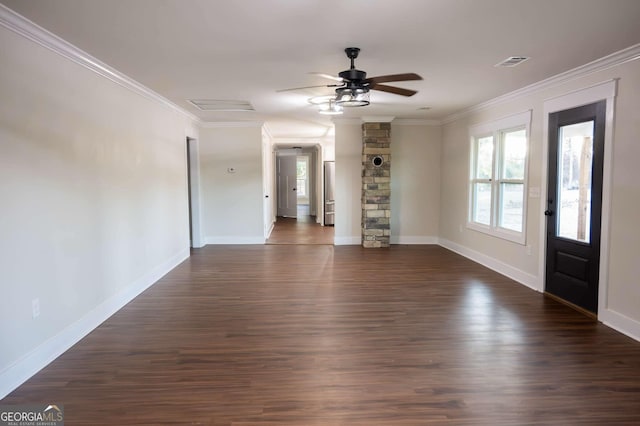 interior space featuring dark wood-style floors, visible vents, and crown molding