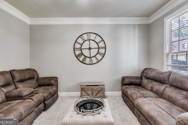 living room featuring carpet flooring, baseboards, and ornamental molding