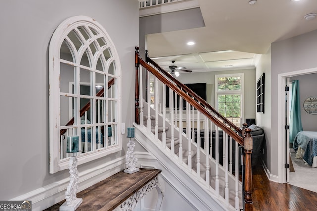 staircase featuring recessed lighting, ceiling fan, baseboards, and wood finished floors