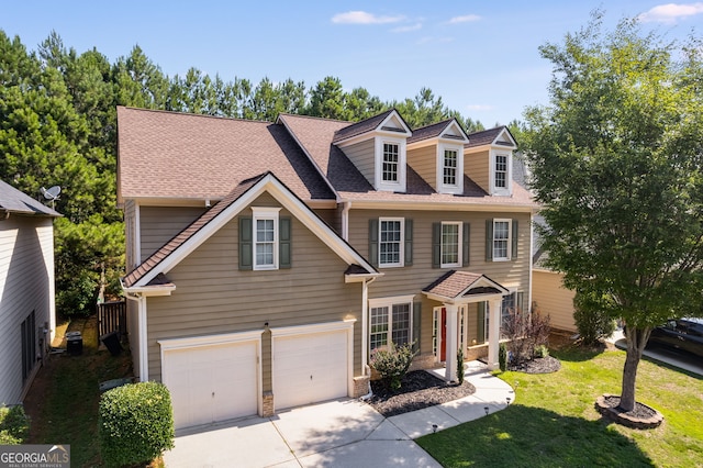 view of front of property with a garage, a front lawn, roof with shingles, and driveway