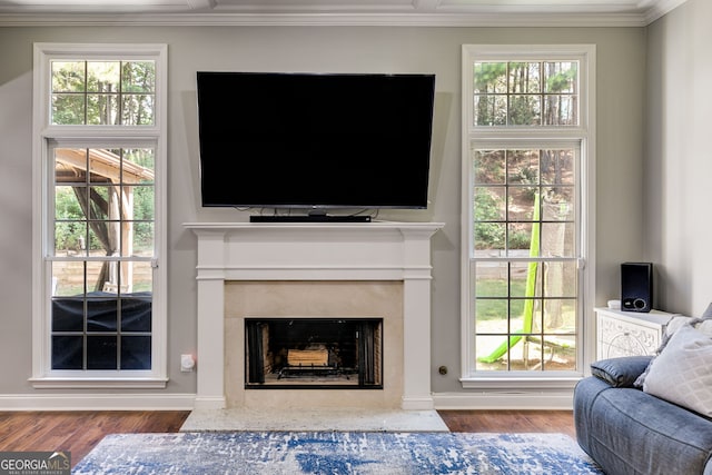 living area featuring a high end fireplace, wood finished floors, a wealth of natural light, and ornamental molding