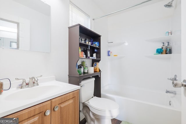 full bathroom with toilet, tub / shower combination, and vanity