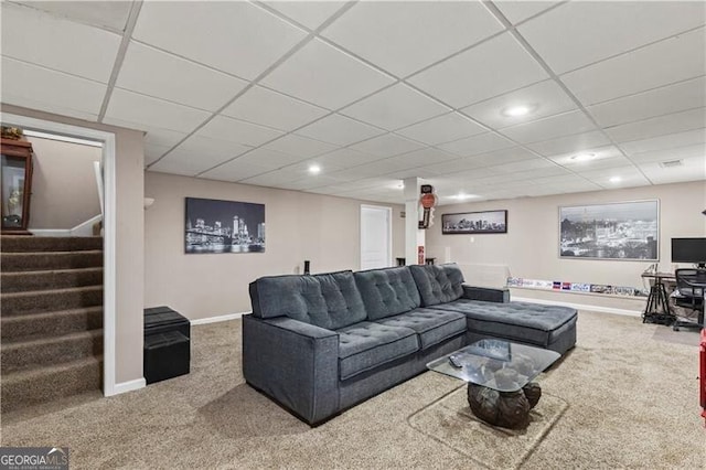 living area featuring stairs, carpet floors, recessed lighting, and baseboards