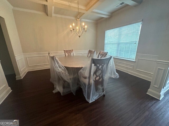 dining room with visible vents, coffered ceiling, dark wood-style flooring, beamed ceiling, and a chandelier