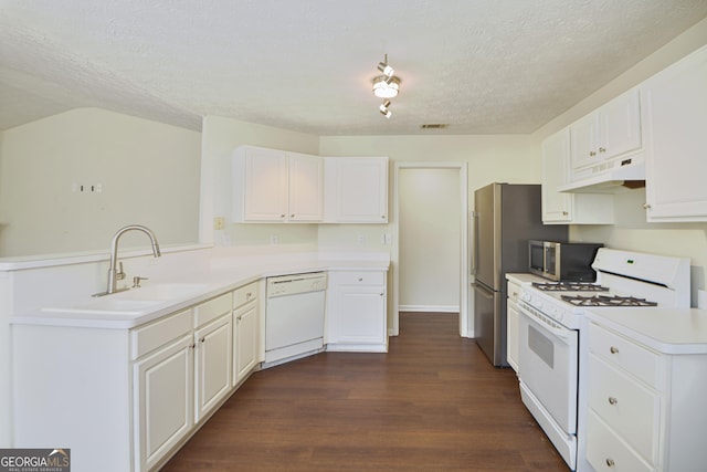 kitchen with white cabinets, a peninsula, stainless steel appliances, under cabinet range hood, and a sink