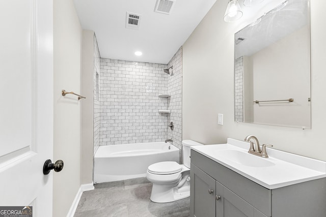 full bath with toilet, shower / tub combination, visible vents, and vanity