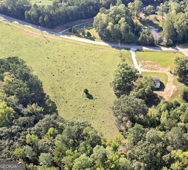 bird's eye view with a rural view and a wooded view