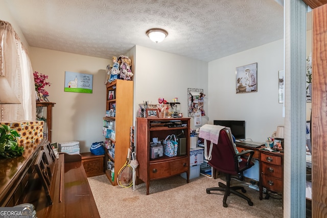 carpeted office space featuring a textured ceiling