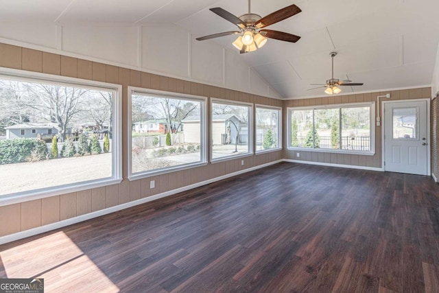 unfurnished sunroom with lofted ceiling and ceiling fan