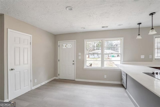 entrance foyer featuring light wood finished floors, baseboards, visible vents, and a wealth of natural light