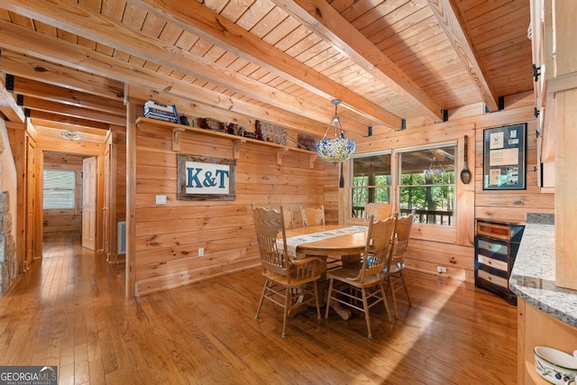 dining space with light wood-style floors, wooden ceiling, beamed ceiling, and wooden walls