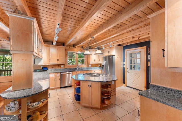 kitchen featuring light tile patterned floors, open shelves, appliances with stainless steel finishes, and wooden ceiling