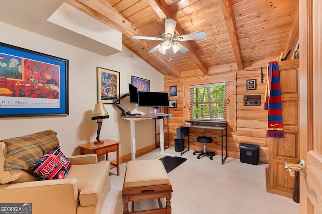 carpeted office space with lofted ceiling with beams, wood ceiling, and ceiling fan