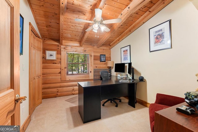 office space with light carpet, baseboards, wooden ceiling, ceiling fan, and log walls