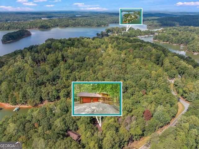 birds eye view of property featuring a water view and a view of trees