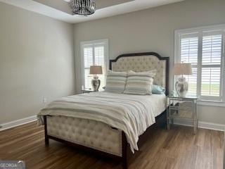 bedroom featuring baseboards, a raised ceiling, and wood finished floors