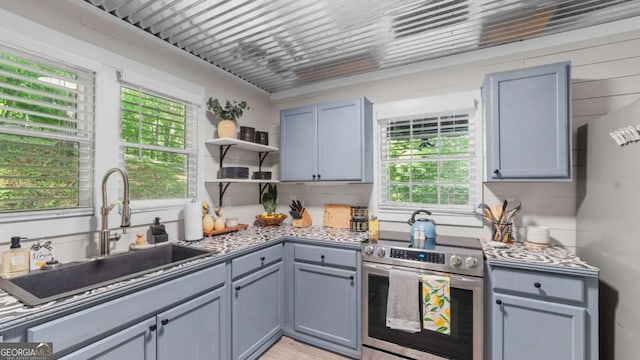 kitchen featuring gray cabinets, open shelves, a sink, and stainless steel range with electric cooktop