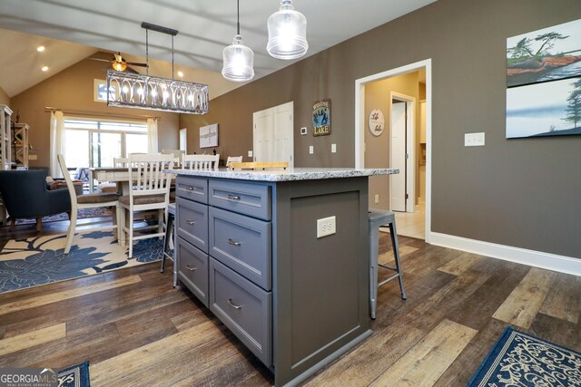 dining room with recessed lighting, dark wood-type flooring, a ceiling fan, high vaulted ceiling, and baseboards