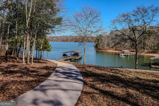 view of dock with a water view