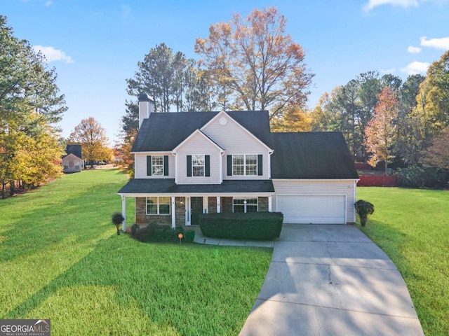 traditional-style home with an attached garage, driveway, stone siding, and a front yard