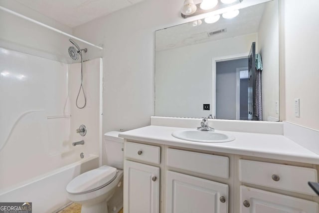 full bath with toilet, shower / bath combination, visible vents, and vanity