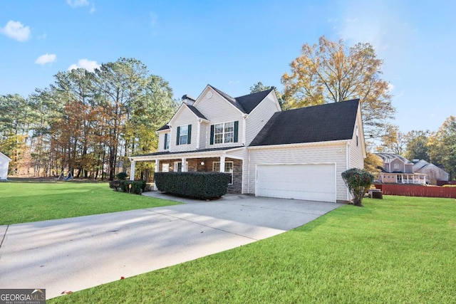 view of front facade featuring a front lawn, central AC, driveway, and an attached garage