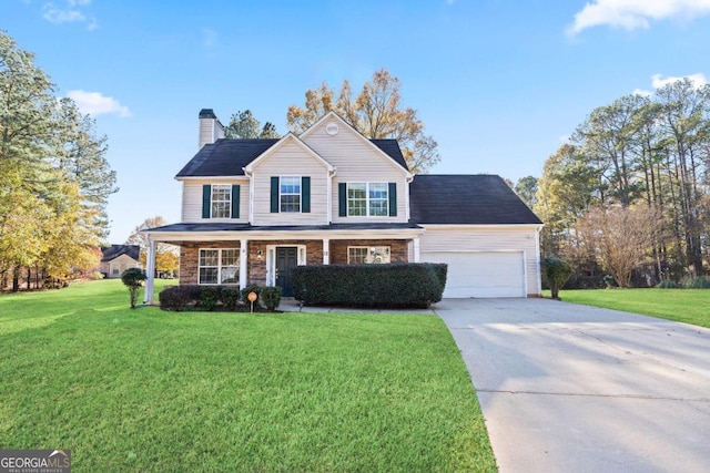 traditional-style house with a garage, driveway, a chimney, a front lawn, and a porch