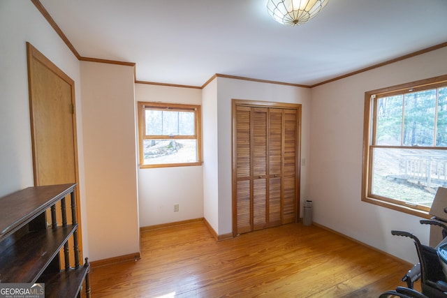 office area featuring a healthy amount of sunlight, light wood finished floors, and ornamental molding