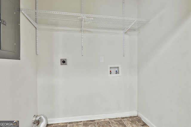 laundry area featuring washer hookup, electric dryer hookup, laundry area, electric panel, and baseboards