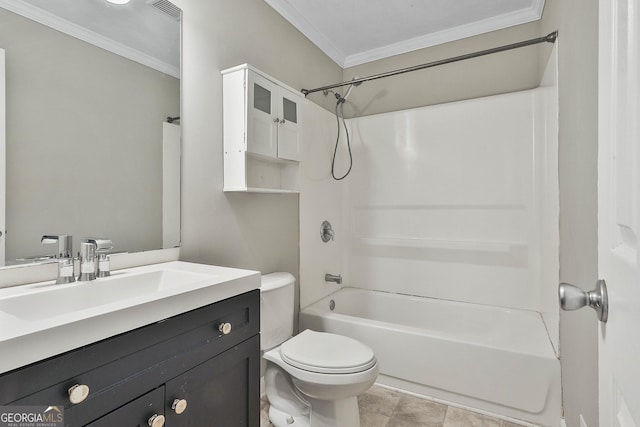 full bathroom with toilet, visible vents, vanity,  shower combination, and crown molding