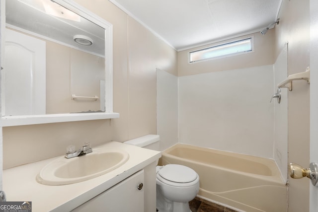 bathroom featuring vanity, toilet, and shower / bathtub combination