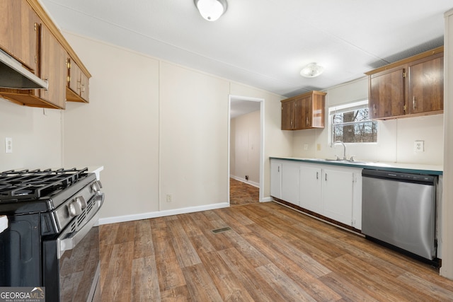 kitchen featuring vaulted ceiling, stainless steel appliances, light countertops, light wood-style floors, and a sink