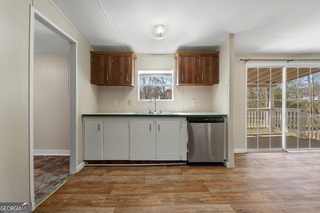 kitchen featuring wood finished floors, stainless steel dishwasher, a sink, and baseboards