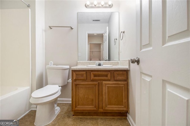 bathroom with tile patterned flooring, toilet, visible vents, vanity, and baseboards