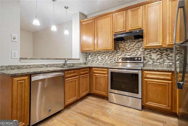 kitchen with tasteful backsplash, appliances with stainless steel finishes, a sink, light wood-type flooring, and under cabinet range hood