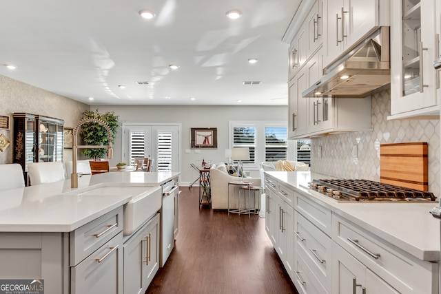 kitchen with dark wood-style flooring, light countertops, visible vents, appliances with stainless steel finishes, and under cabinet range hood