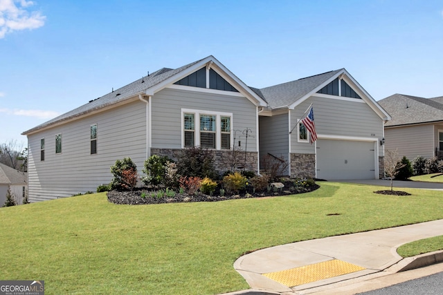 craftsman inspired home featuring stone siding, a front lawn, and board and batten siding