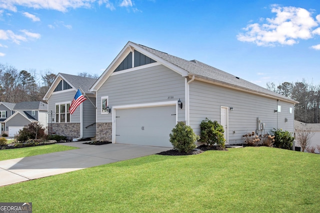 exterior space with driveway, a shingled roof, an attached garage, a front lawn, and board and batten siding