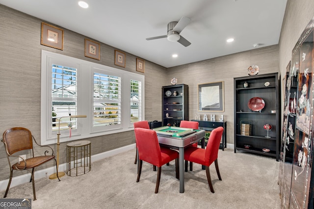 dining area with carpet floors, recessed lighting, baseboards, and a ceiling fan